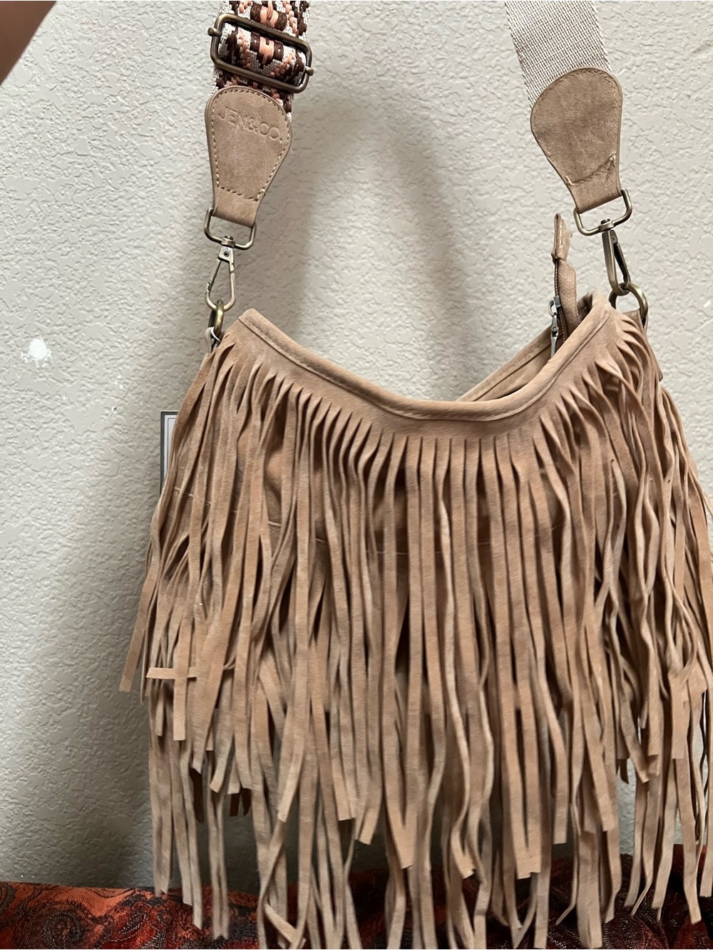 Fringed Suede Shoulder Bag in Beige - Stylish Boho Carryall